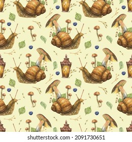 Watercolor seamless pattern with illustration of a fairytale snail with mushrooms, with a lantern and leaves, berries and herbs.