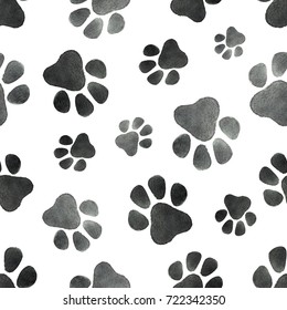 Watercolor Seamless Pattern With The Imprint Of Dog Paws. Black And White Illustration For Your Design.