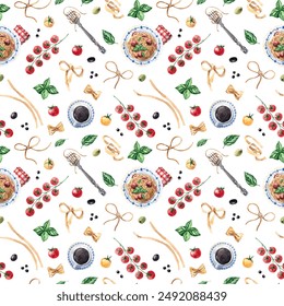 Watercolor seamless pattern with Italian pasta ingredients for cooking on a white background. Pasta, meatballs, tomatoes, basil. - Powered by Shutterstock