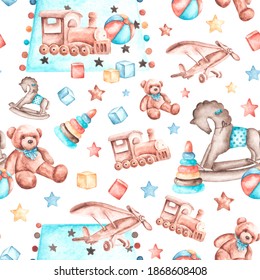 Watercolor seamless pattern kids toys. Airplane, train, pyramid, horse, teddy bear, cubes, stars, ball. On a white background. Birthday, Baby shower. For printing on textiles, fabrics, wrapping paper