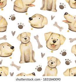 Watercolor seamless pattern with Labrador Retrievers and dog's symbols. Hand drawn texture with dogs on white background - Powered by Shutterstock