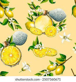 Watercolor seamless pattern lemon white flowers, tree branch, slice and floral perfume bottle. Hand drawn botanical illustration of yellow citrus fruits, aroma spray on beige background for design - Powered by Shutterstock