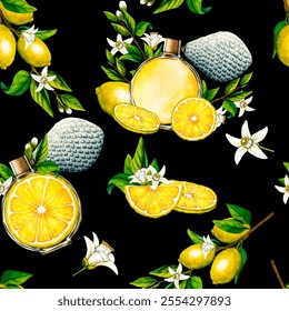 Watercolor seamless pattern lemon white flowers, tree branch, slice and floral perfume bottle. Hand drawn botanical illustration of yellow citrus fruits, aroma spray on black background for design - Powered by Shutterstock