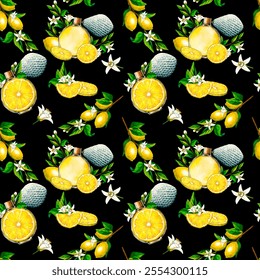 Watercolor seamless pattern lemon white flowers, tree branch, slice and floral perfume bottle. Hand drawn botanical illustration of yellow citrus fruits, aroma spray on black background for design. - Powered by Shutterstock