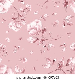 Watercolor Seamless Pattern Of Light Flowers P. Toned. Pink Background.