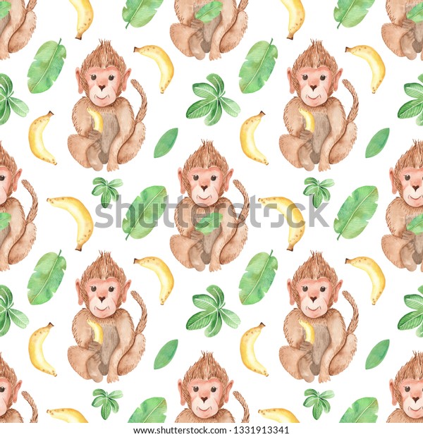 Watercolor Seamless Pattern Monkey Bananas Texture Stock Illustration ...