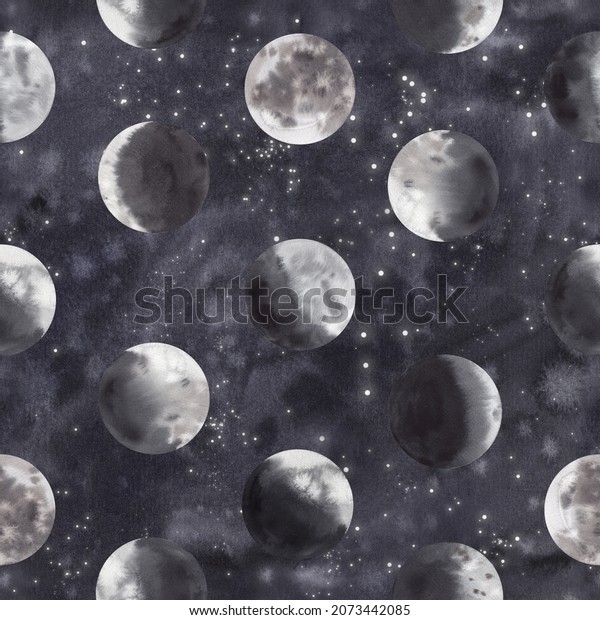 Watercolor seamless pattern of moon phases.\
Different phases of the moon in the background of the starry night\
sky. A symbol of a new beginning, dream, magic. Hand drawn moon\
watercolor\
illustration.