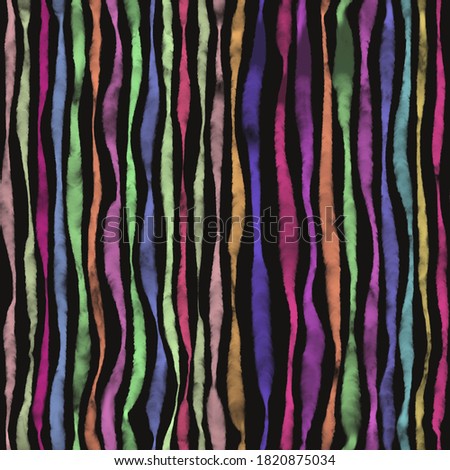 Watercolor seamless pattern of multicolored vertical lines on black background. Hand drawn texture of thick and thin watercolor stripes bright pastel colors. Simple square transparent colorful
