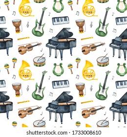 Watercolor Seamless Pattern. Musician texture with violin,piano,sheet music,guitar,mandolin,maracas,lyre,french horn,djembe. Perfect for print, packaging and template design, cover, books, wallpapers.