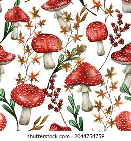 Watercolor seamless pattern nature painting  Fall poison red mushroom background  Hand drawn red mushroom illustration  Cloth pattern  Autumn print