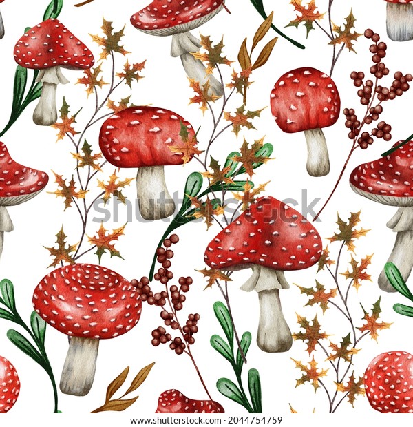 Watercolor seamless pattern nature painting.\
Fall poison red mushroom background. Hand drawn red mushroom\
illustration. Cloth pattern. Autumn\
print