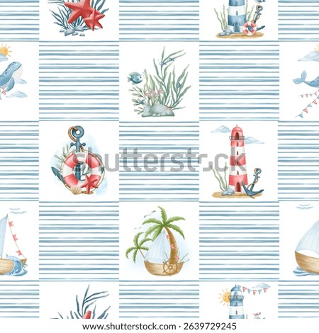Watercolor seamless pattern with nautical elements: whales, sailboats, lighthouses, anchors, lifebuoys, seaweed and stripes. Soft cartoon style perfect for kids and summer-themed designs.