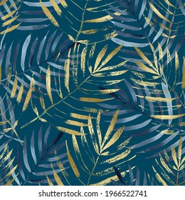 Watercolor seamless pattern with navy blue and golden tropical leaves on a dark green background, palm leaf, hand-drawn. For textile, greeting card, wrapping paper, wedding invitations.