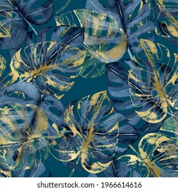 Watercolor seamless pattern with navy blue and golden tropical leaves on a dark green background, monstera, hand-drawn. For textile, greeting card, wrapping paper, wedding invitations.