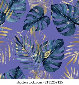 Watercolor seamless pattern with navy blue and golden tropical leaves, monstera, palm leaf, hand-drawn. For textile, greeting card, wrapping paper, wallpaper, wedding invitations. - Powered by Shutterstock