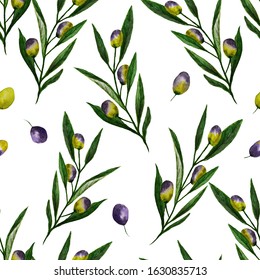 Watercolor seamless pattern with olive leaves and twigs, hand-drawn. Illustration of plants on a white background. Design for fabric, wallpaper, packaging, backgrounds. Delicate and stylish.
