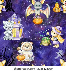 Watercolor seamless pattern blue background  Bear  rabbit  dog  ghost  in costumes  for the Halloween holiday haunted palace 