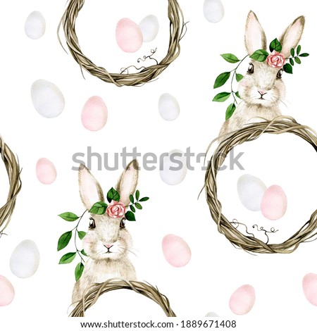 watercolor seamless pattern on the theme of Easter, spring. cute easter bunny with flowers. Easter eggs, wreath on a white background. pastel colors pink and blue