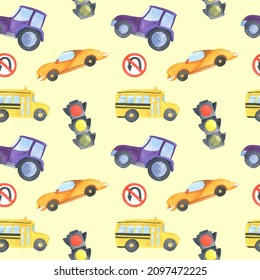 Watercolor Seamless Pattern With Orange Car, Purple Agrimotor, Yellow School Bus And Traffic Light. All Elements Are Drawn By Hand. Perfect For Decorating A Child's Room, Wallpaper, Wrapping Paper.