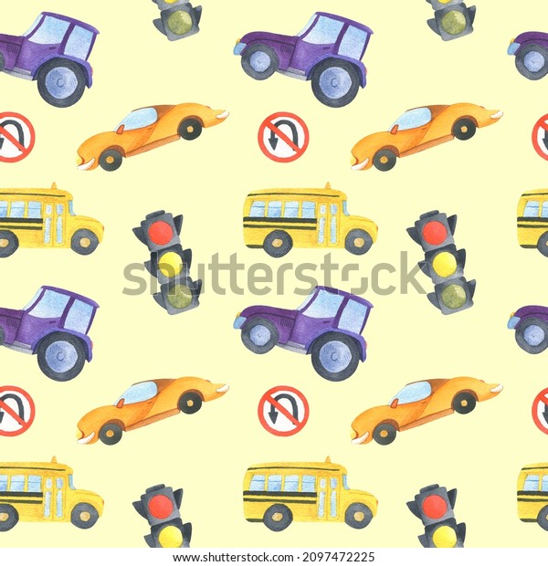 Watercolor seamless pattern with orange car,\
purple agrimotor, yellow school bus and traffic light. All elements\
are drawn by hand. Perfect for decorating a child\'s room,\
wallpaper, wrapping\
paper.