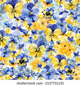 Watercolor seamless pattern with pansy flowers in patriotic colors. Ukrainian hand painted pattern for design, fabric, wrapping paper or print. Support and peace for Ukraine. - Powered by Shutterstock