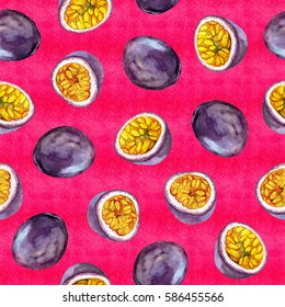 Watercolor Seamless Pattern With Passionfruit On Bright Red Background. Hand Drawn Watercolor Illustration.