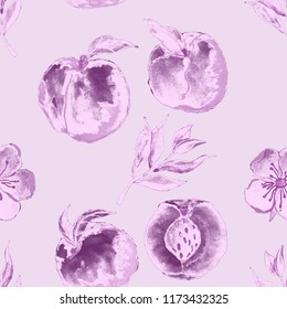 Watercolor seamless pattern with peaches.
