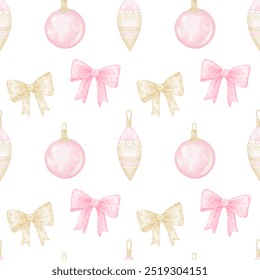 Watercolor seamless pattern with pink Christmas tree toys and bows on a white background. Cute illustration for textiles and wrapping paper - Powered by Shutterstock