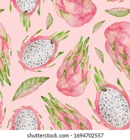 Watercolor seamless pattern with pink dragon fruit. Background with sliced and whole pitaya for covers, children textile, wrapping, summer decoration