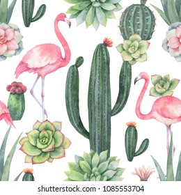 Watercolor seamless pattern of pink flamingo, cacti and succulent plants isolated on white background. Flower illustration for your projects, greeting cards and invitations.