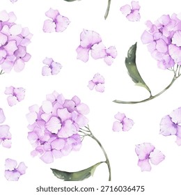Watercolor Seamless Pattern with Pink Hydrangea Flowers. Gentle Botanical Repeat Background for Fabric, Wallpaper, and Wedding Design