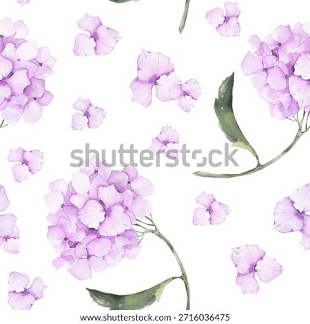 Watercolor Seamless Pattern with Pink Hydrangea Flowers. Gentle Botanical Repeat Background for Fabric, Wallpaper, and Wedding Design