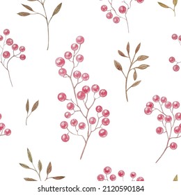 Watercolor Seamless Pattern With Pink Pepper Berries And Vintage Branches. Hand Drawn Watercolor Elements On White Background. Perfect For Your Textile, Wrapping Papper Or Giftcard