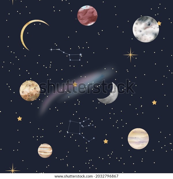 Watercolor seamless pattern with planets, moon,\
clouds on the black background. Cosmic, space, stars. Star system,\
galaxy.