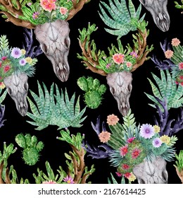 Watercolor Seamless pattern and plant cactus succulent branches  skull deer  horns Boho illustration background Perfect for wedding invitation template card wallpaper print   boho style