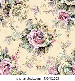 Watercolor seamless pattern roses in bud MT. Beautiful pattern for decoration and design. Trendy print. Exquisite pattern of watercolor sketches of the flower. Vintage. Pastel gentle background.