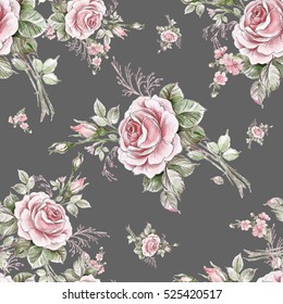 Watercolor seamless pattern roses in bud-6. Beautiful pattern for decoration and design. Trendy print. Exquisite pattern of watercolor sketches of the flower. Vintage.