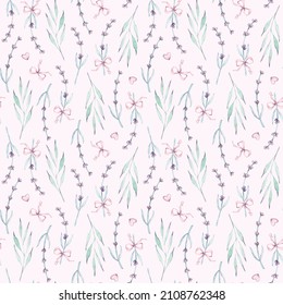Watercolor seamless pattern with rustic Provence Lavender flowers, hearts, bow, leaves. For wear, birthday, valentine cards, linen, wrapping, wallpaper,march, easter, happy easter, wedding.