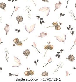 Watercolor Seamless Pattern With Scattered Dry Buds Tree Alder, Acorn, Pine Cone, Winter Berry, Poppy And Leaves. Autumn And Winter Illustration In Vintage Style On White Background.