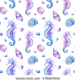 
Watercolor seamless pattern with seahorses and shells.