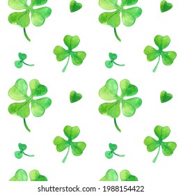 Watercolor Seamless Pattern With Shamrock And Four-leaf Clover With Green Hearts.