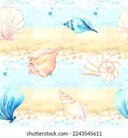 watercolor seamless pattern of shells on beach