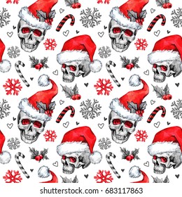 Watercolor seamless pattern with sketchy skulls in Santa hat, snowfalkes, leaves. Cretive New Year. Celebration illustration. Can be use in winter holidays design, posters, invitations, cards.