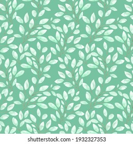 Watercolor seamless pattern with soft green leaves, spring foliage on twigs on a green background, botanical illustration for pajamas, fabrics, dresses, greeting cards.