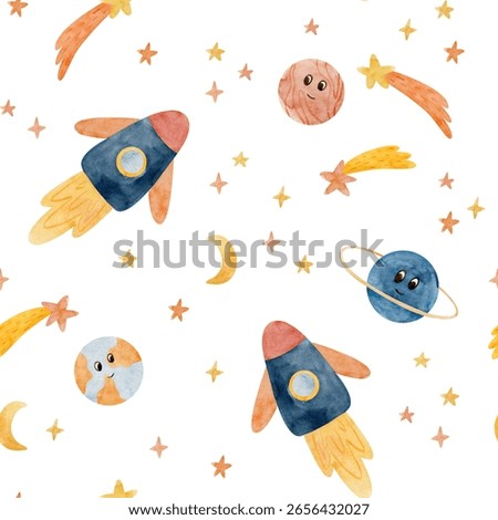 Watercolor seamless pattern with space rocket, planets and stars. Cute drawing for kids fabric, textile, nursery wallpaper.
