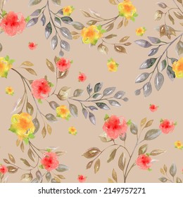 Watercolor Seamless Pattern, Sprigs Of Roses, Intertwined. Dusty Background. Yellow And Pink Flowers, Rosebuds. Delicate For Packaging, Textiles And Scrap Paper