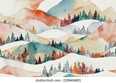 Watercolor Seamless Pattern With Spring Winter Nature Landscape In Abstract Style. Abstract Art Background Print. Texture Paper. Seamless Pattern. Contemporary Art.