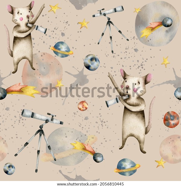 Watercolor seamless\
pattern with stars, planets, a comet and a mouse with a telescope\
on a beige\
background.