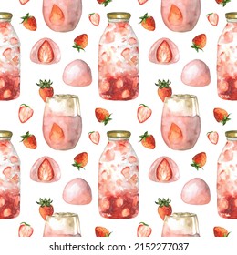 Watercolor Seamless Pattern Of Strawberry Milkshake And Pink Cake. Hand Painted Texture Of Breakfast Clipart Elements Isolated On White Background. Cute Food Objects Wallpaper For Cafe, Menu, Gifts.