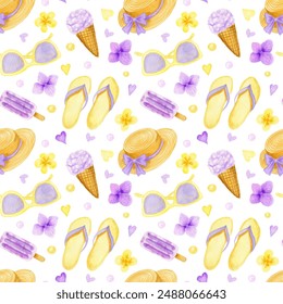 Watercolor seamless pattern with summer hat, flowers ice-cream cone and sleepers - Powered by Shutterstock